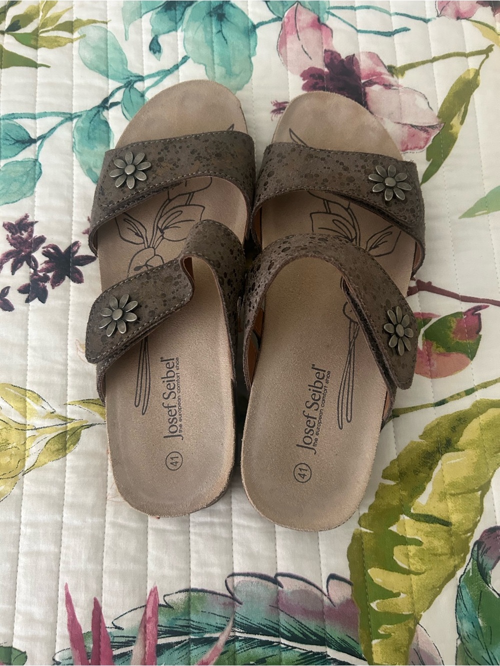 Josef Seibel Taupe/Brown Leather Double-Strap Flower Mules